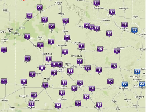 Low temperatures observed on the morning of 6 December 2011. Data is courtesy of the Texas Tech West Texas Mesonet. Click on the map for a larger view.