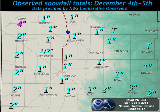 Observed snowfall totals, as reported to the National Weather Service (NWS), for 4-5 December 2011. The data is courtesy of the NWS Cooperative Observers, valid the morning of the 5th. Click on the map for a bigger view.