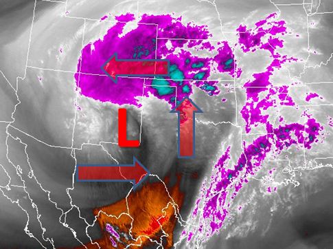 Water vapor image captured at 10:15 am on 19 December 2011. The "L" denotes the approximate location of the mid-level storm system with the arrows indicating the flow around the low. Click on the image for a full lower 48 view.