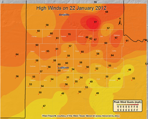 Plot of maximum wind gusts (mph) observed on 22 January 2012. Data are coutesy of the West Texas Mesonet (WTM) and the National Weather Service (NWS). Click on the map for a larger view.