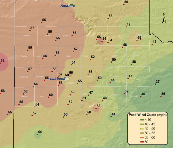 Graphic displaying the maximum wind gusts observed on 28 February 2012. Data are courtesy of the West Texas Mesonet and the National Weather Service. Click on the map for a larger view.