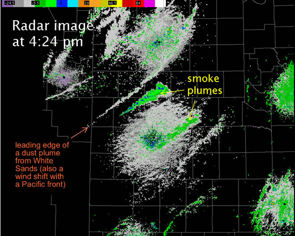 Radar image captured at 4:24 pm on 28 February 2012. Clearly evident are two smoke plumes. Also sensed is a wind shift associated with a Pacific Front that was also the leading edge of a large dust plume that originated from White Sands, NM. Click on the radar image for a bigger view.