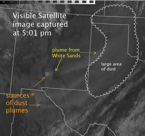 Visible satellite image captured at 5:01 pm CST on 28 February 2012. Clearly evident are several large plumes of dust. Click on the picture for a larger view.