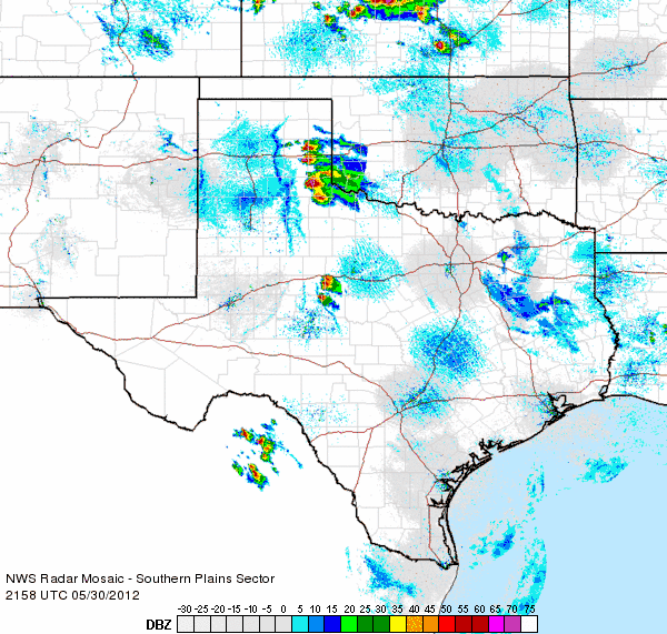 Regional radar animation valid from 4:58 pm to 6:08 pm CDT on Wednesday, 30 May 2012. 