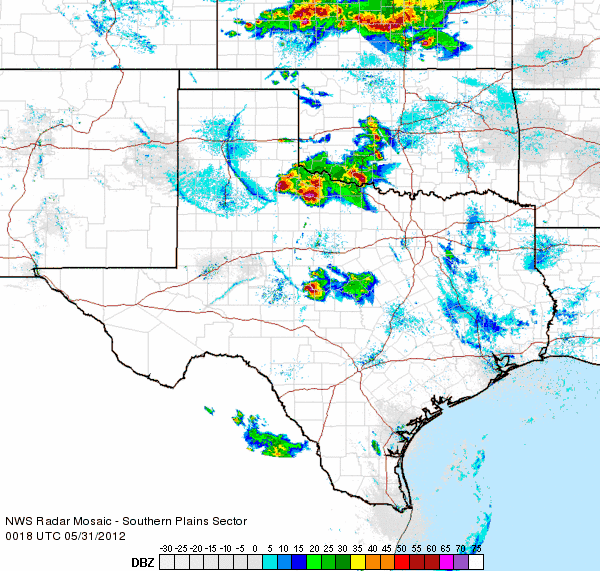 Regional radar animation valid from 7:18 pm to 8:28 pm CDT on Wednesday, 30 May 2012.
