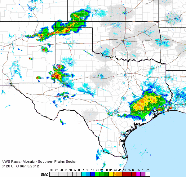 Regional radar animation from 8:28 to 9:38 pm Tuesday evening (12 June 2012). 