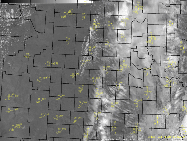 Visible satellite animation with surface weather observations spanning from 1232 pm to 815 pm.
