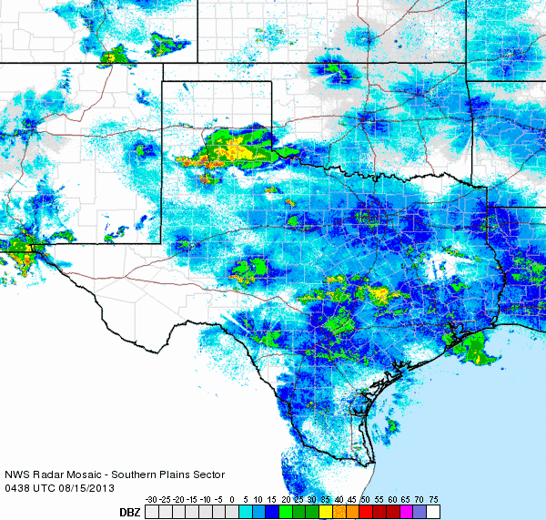 Regional radar loop valid from 11:38 pm on Wednesday to 12:48 am on Thursday (15 August 2013).