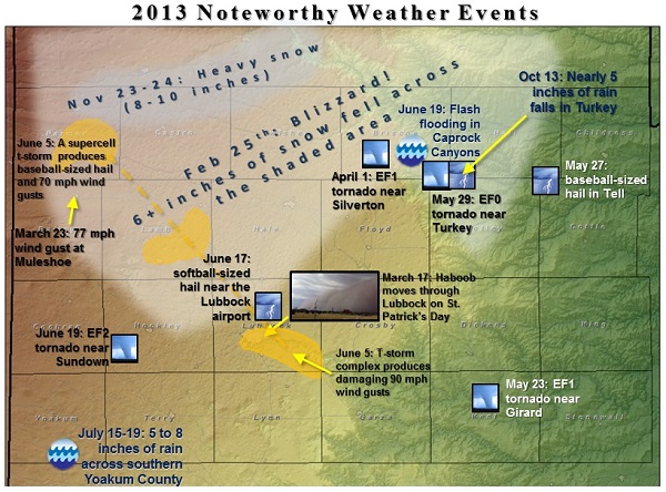map with significant weather events from 2013