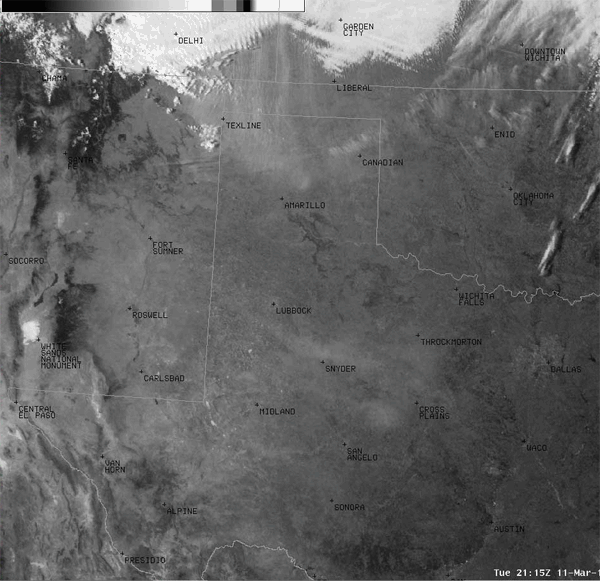 Visible satellite animation valid from 4:15 to 6:45 pm on 11 March 2014. One dust plume can be seen spreading from Snyder to Cross Plains, with another thicker wall of dust racing southward out of the Texas Panhandle along and behind a strong cold front. A few clouds are also visible along the leading edge of the front near the TX/NM line, with other clouds well behind the front. Click on the animation for a larger view.