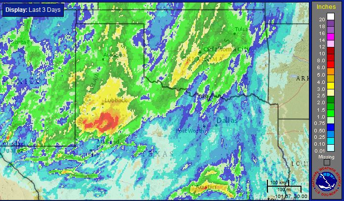 Radar-estimated bias-corrected three day rainfall total ending at 5 pm on Wednesday, May 6th. Click on the image to see a zoomed in version over the South Plains region.