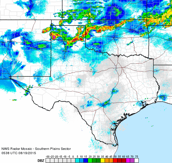 Regional radar animation valid from 12:38 to 1:48 am on Wednesday, 19 August 2015.