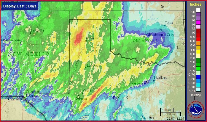 Three-day radar-estimated and bias-adjusted rain totals ending at 7 pm on 23 October 2015 (Thursday).