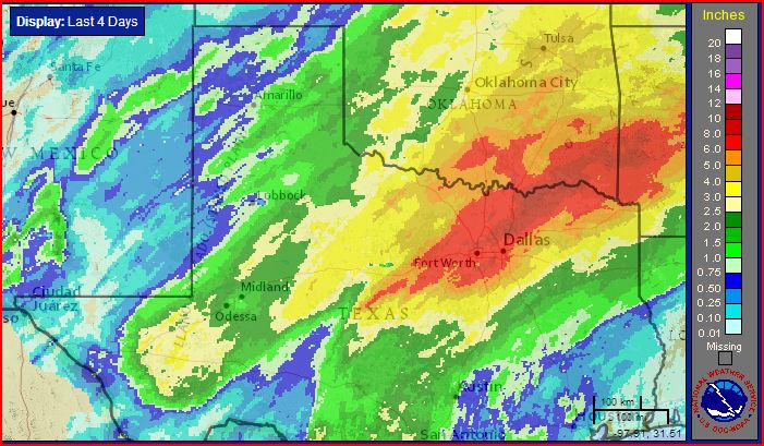 Four-day radar-estimated and bias-corrected rain totals ending at 7 pm on Sunday, 29 November 2015. Click on the picture for a close up version centered on the South Plains region.