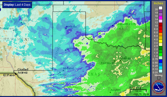 Four-day radar-estimated and bias-corrected rainfall for northwest Texas ending at 4 pm on 25 February 2016. For a closer view of the South Plains and Rolling Plains click on the image. 