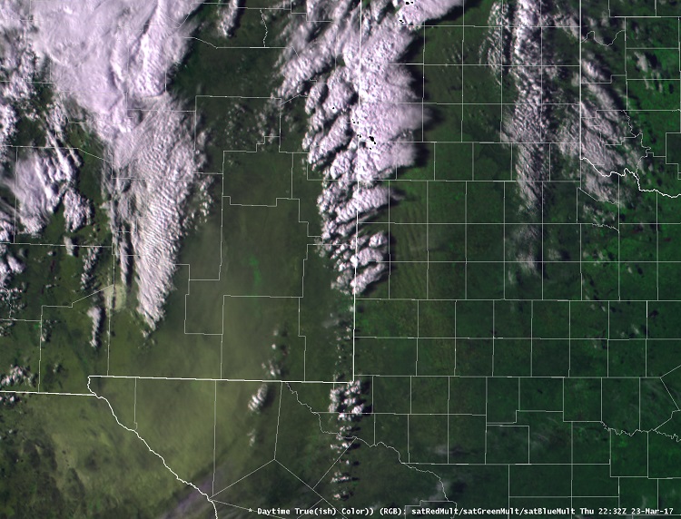 Daytime true(ish) color satellite image captured by GOES-16 at 5:32 pm on 23 March 2017. The GOES-16 data posted on this page are preliminary, non-operational data and are undergoing testing. Users bear all responsibility for inspecting the data prior to use and for the manner in which the data are utilized.