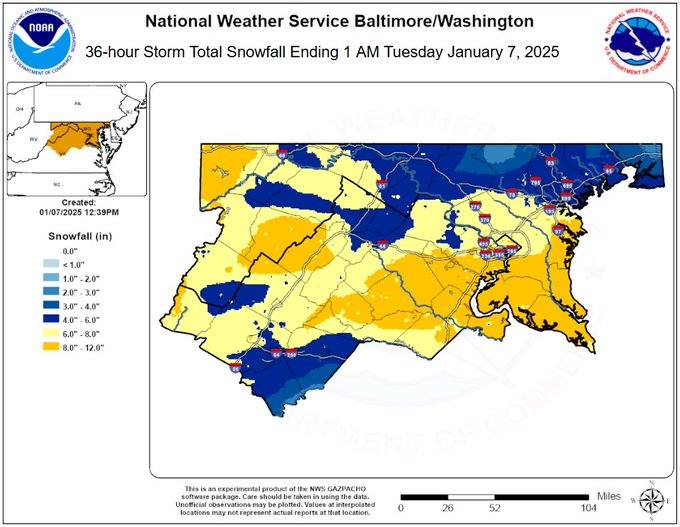 36 hour storm total snowfall ending 1AM Tuesday, January 7, 2025