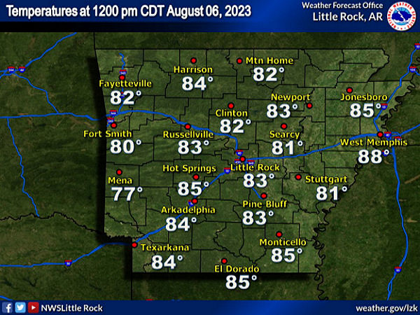 A map of Arkansas that shows temperatures as of 12 PM on August 6th. 