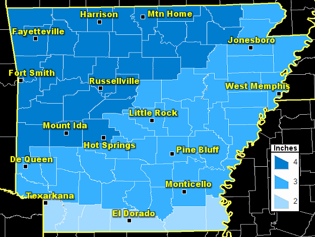 Heavy snow criteria per event (up to 48 hours) in Arkansas.