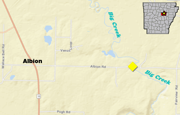 Map of Albion Road and where it meets Big Creek just east of Albion (White County). High water sign placement is in yellow.