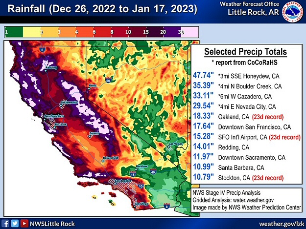 Rainfall across California in a three week period ending on 01/17/2023.