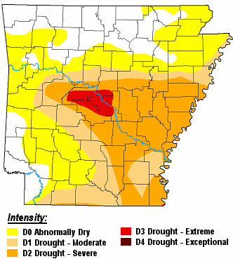 There were moderate to extreme drought (D1 to D3) conditions in central and southern Arkansas on 10/24/2023.