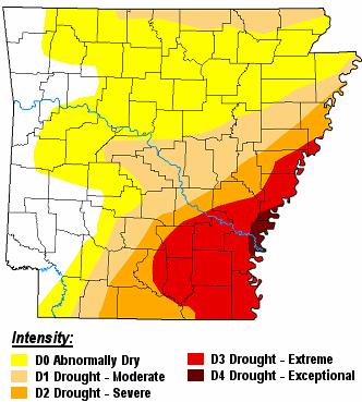 There were moderate drought (D1) conditions along the Missouri border, and moderate to exceptional drought (D1 to D4) conditions from central into southeast Arkansas on 12/26/2023.