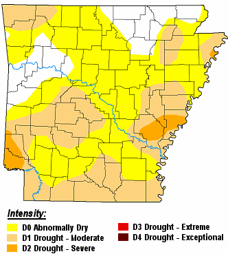 There were moderate to severe drought (D1/D2) conditions in parts of southern, central, and eastern Arkansas as well as the far northwest on 09/10/2024.