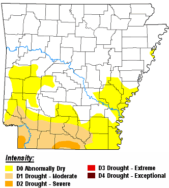 There was a moderate to severe drought (D1/D2) in far southern Arkansas on 10/08/2019.