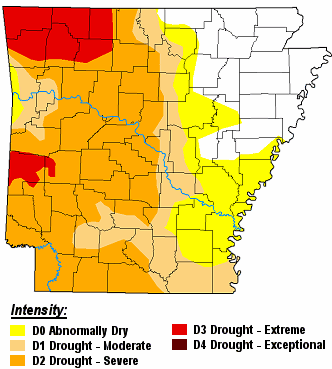 There were moderate to extreme drought (D1 to D3) conditions in southern, central, and western Arkansas on 10/29/2024.