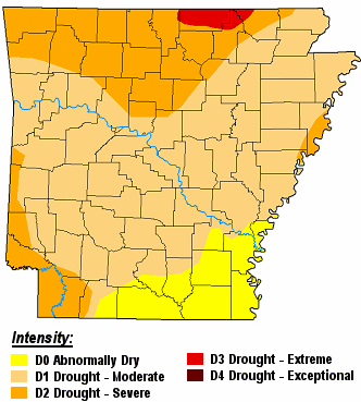 There were widespread moderate to extreme drought (D1 to D3) conditions across much of Arkansas on 07/19/2022.
