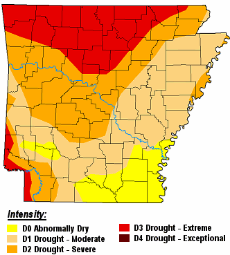 There were widespread moderate to extreme drought (D1 to D3) conditions across much of Arkansas on 07/26/2022.