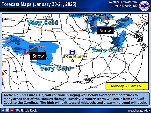 Forecast maps showed Arctic high pressure ("H") building across the region from the north and surrounded by very cold air in the thirty six hour period ending at 600 pm CST on 01/21/2025. At the same time, a storm system well to the south of Arkansas produced heavy snow from the Gulf Coast to the Carolinas.