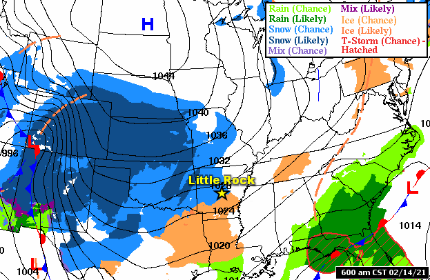 Forecast maps showed wintry precipitation spreading across Arkansas ahead of Arctic high pressure ("H") to the north in the forty eight hour period ending at 600 am CST on 02/16/2021. As one storm system exited to the east toward the end of the period, there was another system on the horizon to the west.