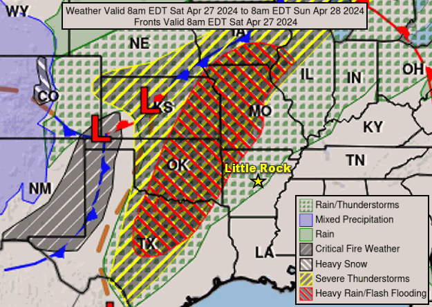The forecast map on 04/27/2024 showed a cold front in the Plains, with widespread severe weather and flash flooding expected from Iowa to Texas.