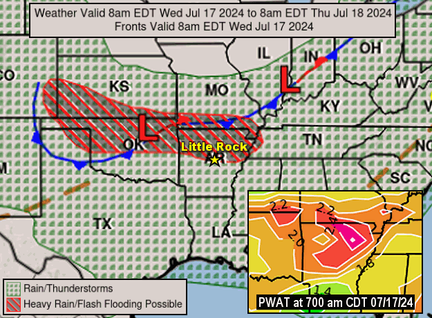 The forecast map showed a slow moving cold front approaching northern Arkansas from southern Missouri early on 07/17/2024. Ahead of the front, a very moist environment was in place, with precipitable water (PWAT/water vapor contained in a vertical column of the atmosphere) values close to 2.25 inches (well above average/not far from July record levels). Typically in mid-July, values are between 1.50 and 1.75 inches.