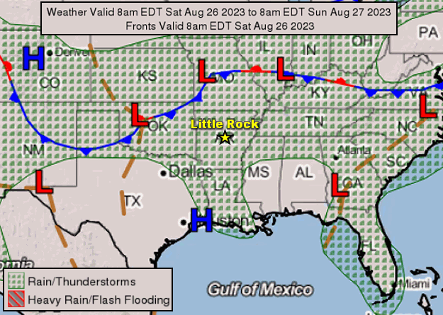 Forecast maps showed a cold front pushing into Arkansas from the north on 08/26/2023, and exiting the state toward the Gulf Coast the next day. The front triggered scattered strong to severe thunderstorms.