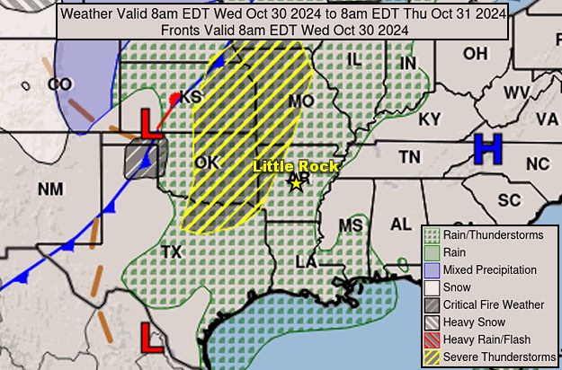 Forecast maps showed a cold front bringing a round of showers and thunderstorms as well as the possibility of severe weather to end October, 2024. After the front stalled south of the state, a new front kept the weather pattern active (severe storms/flooding rain) to begin November.