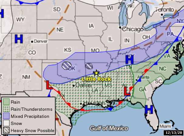 The forecast map showed snow over northern Arkansas, and rain farther south on 12/13/2020.