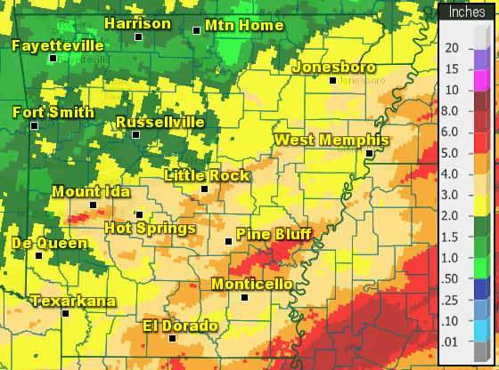 Precipitation across Arkansas.