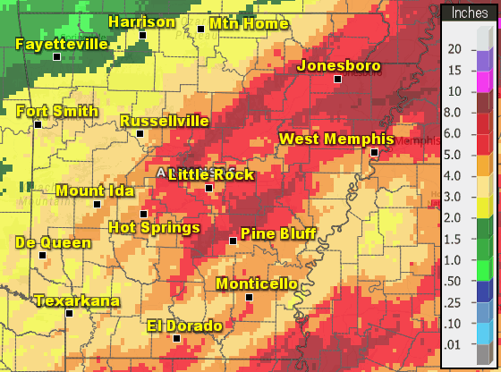 Precipitation across Arkansas in February, 2025.