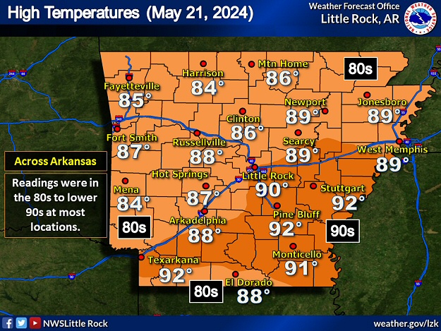 High temperatures were in the 80s to lower 90s on 05/21/2024 (well above normal highs in the upper 70s to mid 80s).