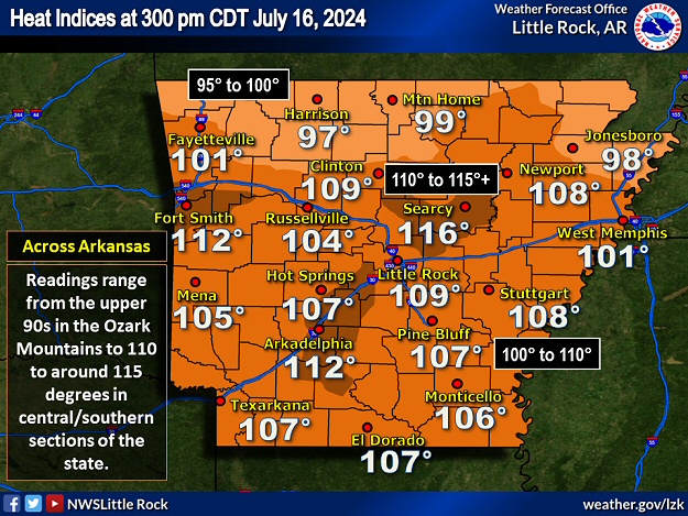 Oppressive heat was noted during the afternoon of 07/16/2024. Heat index values ranged from the upper 90s in the Ozark Mountains to 110 to around 115 degrees in central/southern sections of Arkansas.