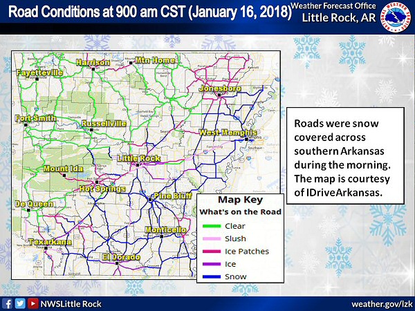 Roads were snow and slush covered in much of southern and eastern Arkansas at 900 am CST on 01/16/2018. The image is courtesy of IDriveArkansas.