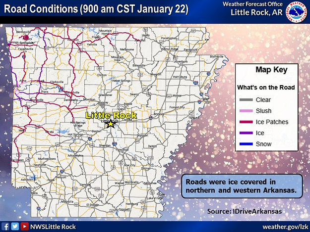 Roads were icy in parts of northern and western Arkansas at 900 am CST on 01/22/2024. The information is courtesy of IDriveArkansas.