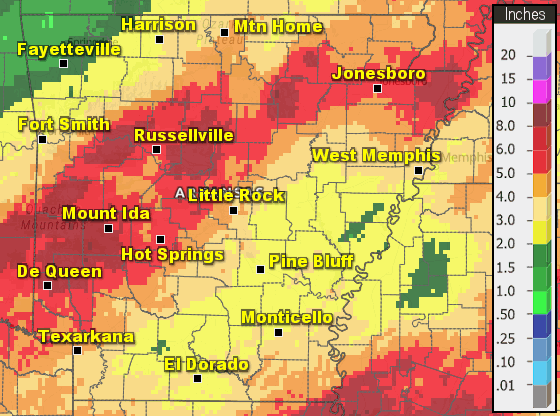 Precipitation across Arkansas.