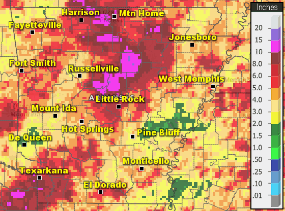 Precipitation across Arkansas.