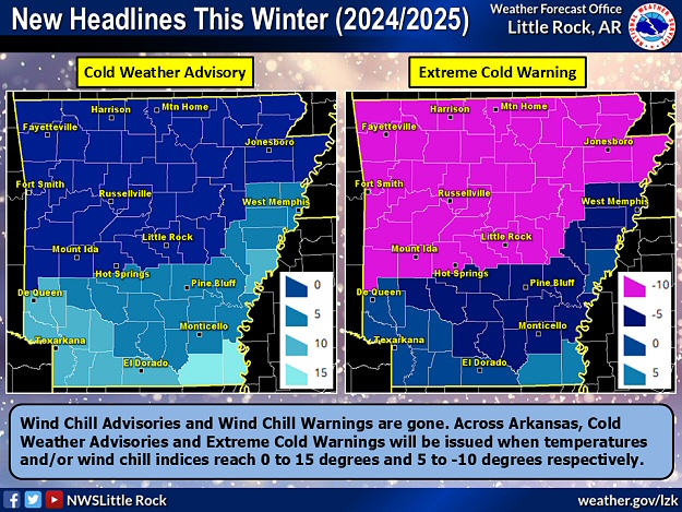 In preparation for the winter of 2024/2025, Wind Chill Advisories/Warnings have been replaced by Cold Weather Advisories/Extreme Cold Warnings.