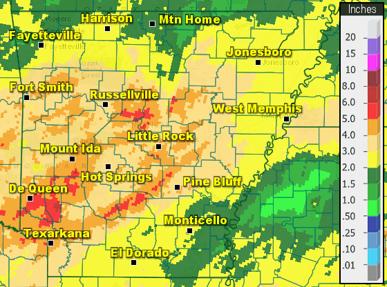 Precipitation across Arkansas.