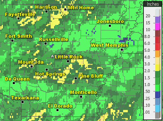 Precipitation across Arkansas.